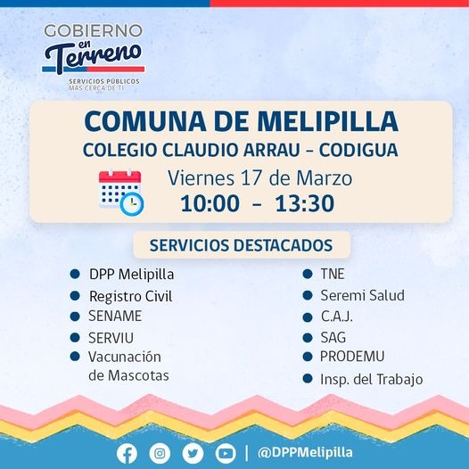 DPPMelipilla's tweet photo. 📣¡Atención #Codigua y alrededores !
Este viernes 17 de marzo nos trasladamos hasta el Colegio Claudio Arrau de Codigua, desde las 10:00 hasta las 13:30 hrs con un nuevo #GobiernoEnTerreno para acercar la atención de diversos servicios públicos a la comunidad.
#DPPMelipilla https://t.co/850gsEJCjx