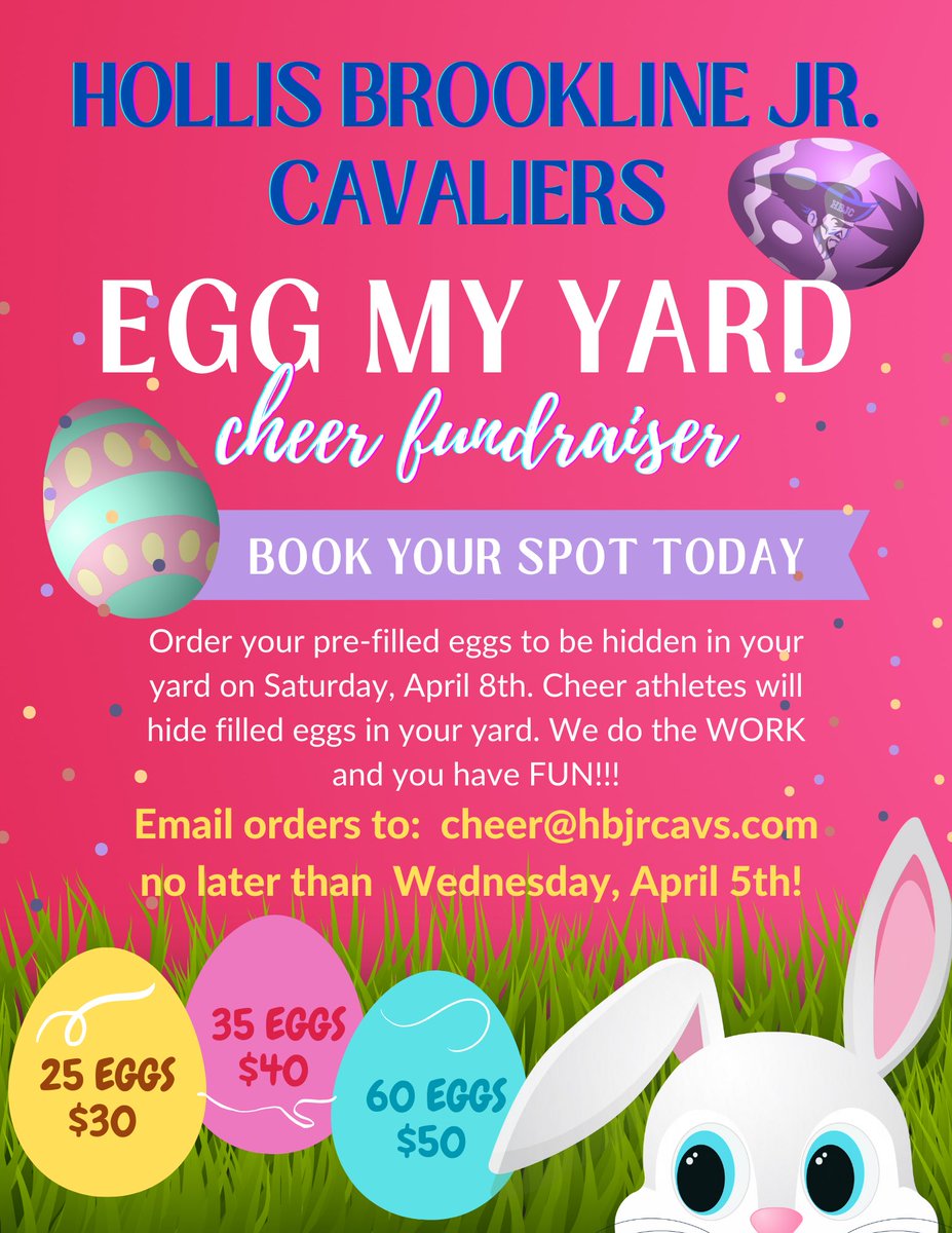 HBJCYouth's tweet photo. 📣 HBJC Cheer Fundraiser 🐣 
EGG MY YARD!
$30-25 eggs 
$40-35 eggs 
$50-60 eggs 

Deliveries Brookline-Hollis NH area 

Place an order:
Email cheer@hbjrcavs.com

Include:
# of eggs you want
your address 
Venmo @HBJC2008 &amp; include egg hunt &amp; address @hollisbrookline  #603Brookline https://t.co/7KSXGZ8evT