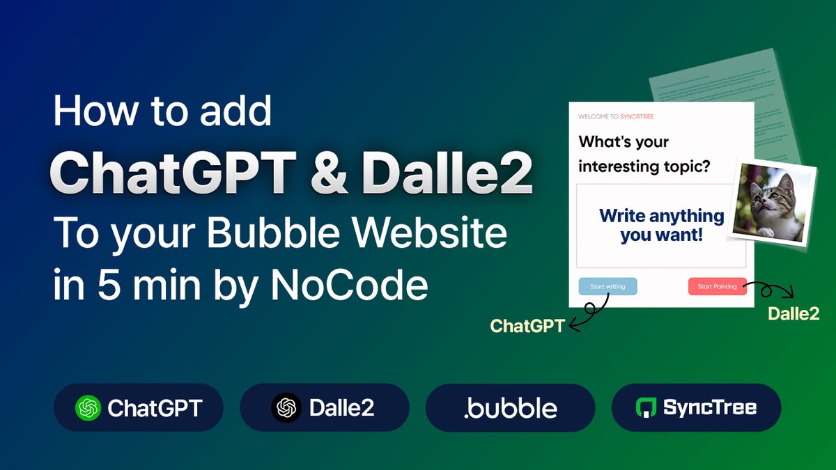 SyncTree_Studio's tweet image. [ChatGPT &amp;amp; Dalle2, both on your Bubble Website?!]

Just follow &apos;how to add ChatGPT &amp;amp; Dalle2 to your Bubble Website in 5 min by No-code.&apos;😊

youtu.be/9JilXszhoNM

#ai #openai #ChatGPT #dalle2 #NoCode #Backend