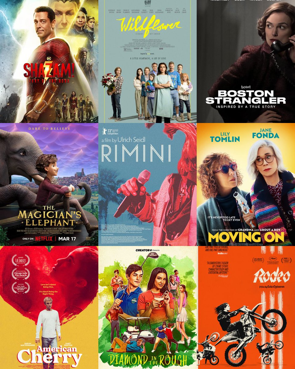 Here are this week's #CherryPicksChoices #FilmChoices! 🎬️⁠ ⁠ 01. Shazam: Fury of the Gods | @shazammovie 02. Wildflower 03. Boston Strangler | on @hulu⁠ 04. The Magician's Elephant | on @netflix 05. Rimini 06. Moving On 07. American Cherry 08. Diamond in the Rough 09. Rodeo