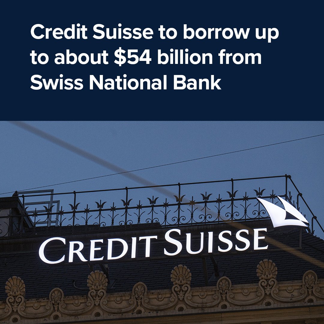Credit Suisse announced it will be borrowing up to 50 billion Swiss francs  (USD 53.68 billion) from the Swiss National Bank under a covered loan  facility and a short-term liquidity facility. More