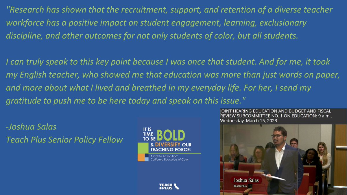 TeachPlusCA's tweet photo. Today @TeachPlusCA Senior Policy Fellow and 
@alliancecrps teacher Joshua Salas presented to the CA State Senate sharing his insight &amp; recommendations from other CA teachers of color on diversifying the teacher workforce https://t.co/tFJkCQDp6D  #teacherdiversity https://t.co/pNmKK9sRAk