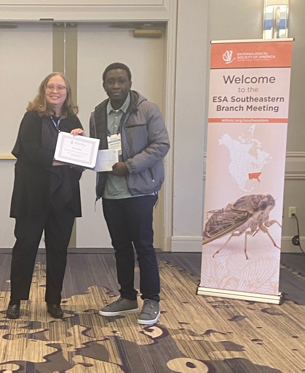 theticklab's tweet photo. Extremely proud of three @theticklab members who won awards at the 2023 Southeastern Branch of Entomological Society of America conference. Julia Hanson (First place undergrad poster), Latoyia Downs (First place PhD paer), and Abdulsalam Adegoke (First place PhD paper). https://t.co/KKChYC63BU