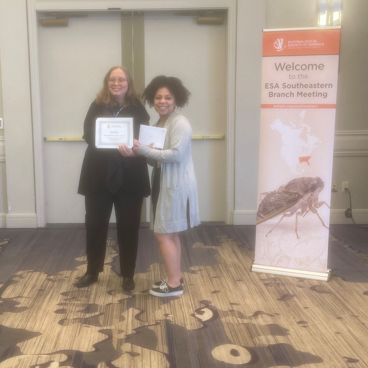 theticklab's tweet photo. Extremely proud of three @theticklab members who won awards at the 2023 Southeastern Branch of Entomological Society of America conference. Julia Hanson (First place undergrad poster), Latoyia Downs (First place PhD paer), and Abdulsalam Adegoke (First place PhD paper). https://t.co/KKChYC63BU