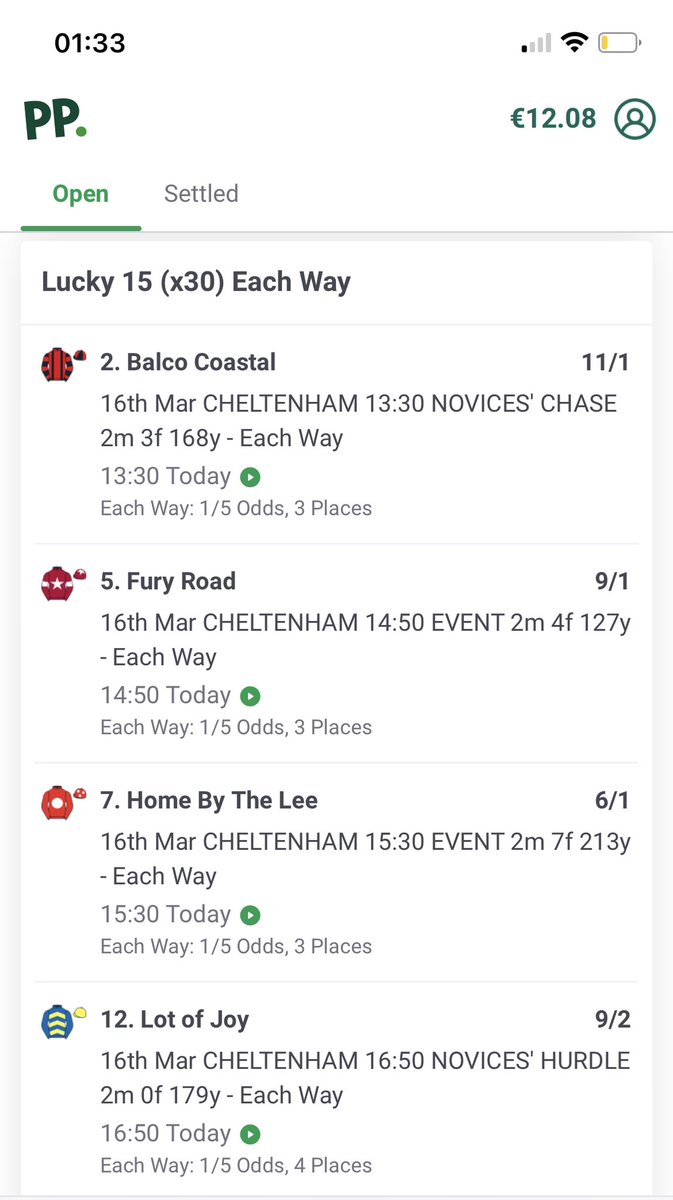 maxmccormack05's tweet photo. @LblackyBlack @AndyRobsonTips Fair enough. Got another question for you. See this Lucky 15 that I put on? if all of them place how much would I get back? I have €3.00 stake on it https://t.co/3ycYYxMoZn