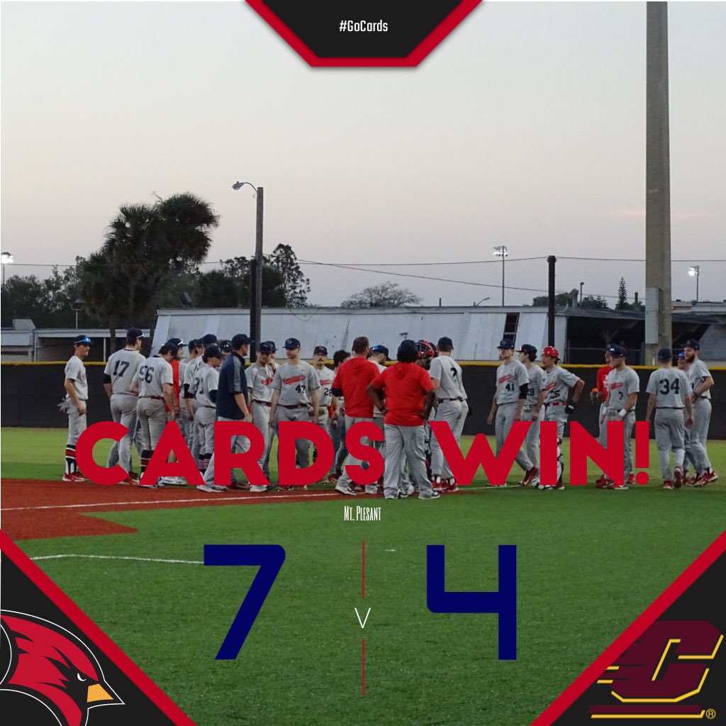 🚨Big win for the Cards🚨 The Cardinals go into Mt Pleasant and beat 3x defending MAC Champs 7-4. @ColinCornwell @tuckerroe_04 & @JeffReseigh48 all w/2 hit games & 5 RBI Pitching staff holds CMU to 3 hits. @MerillatHunter @JJArbini @NickBastian1723 @chase_gruno @ReedRaymond2