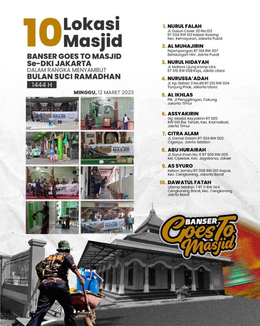 Alhamdulillah, sudah 10 Masjid di Jakarta yg sahabat-sahabat Banser sudah bersihkan untuk menyambut bulan suci Ramadan 1444 H. Semoga Masjid tambah nyaman dan lebih khusyuk untuk taqorrub Ilallah.