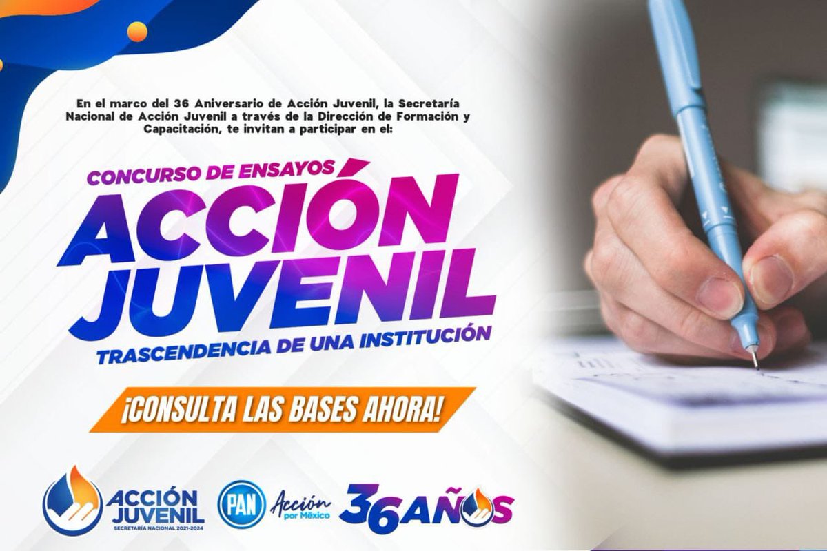 AccionJuvenil's tweet photo. 🔝En el marco del 🎉36 aniversario de la fundación de Acción Juvenil, la Secretaría Nacional de Acción Juvenil a través de la Dirección de Formación y Capacitación te invitan a participar en el Concurso de Ensayos📄🖋️
Acción Juvenil: trascendencia de una institución.💙🔥 https://t.co/JeyIRNQFOX
