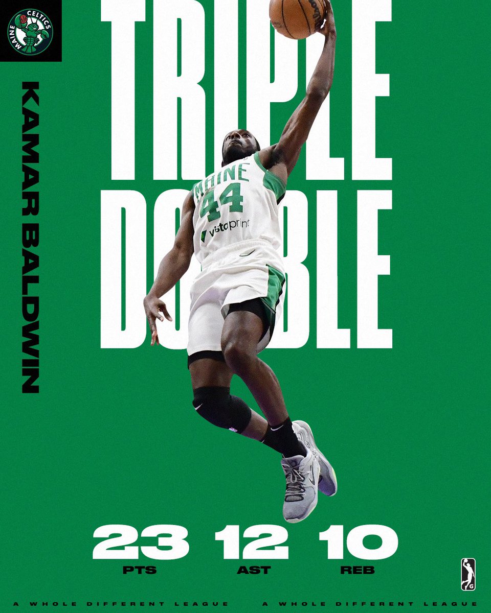 nbagleague's tweet image. 23 PTS ☘️ 12 AST ☘️ 10 REB

Kamar Baldwin posted the first TRIPLE-DOUBLE of his career in the @MaineCeltics OT win over the Herd! The floor general is averaging 24.0 PPG, 14.0 APG, and 7.5 RPG over his last two games.