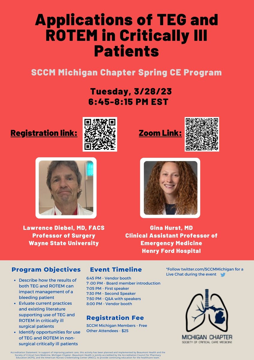 SCCM Michigan Chapter (@sccmmichigan) on Twitter photo Applications of TEG and ROTEM in Critically Ill Adults
Please join our speakers, Dr. Lawrence Diebel and Dr. Gina Hurst, for a great presentation. One hour of free CME for members.
Register now: tinyurl.com/5n7w2v4u
<a href="/WSUIlitchSurg/">Wayne State University Department of Surgery</a>
<a href="/DetroitSurgery/">WSU-DMC Surgery Residents</a>
<a href="/MSU_Surgery/">MSU Surgery</a>
<a href="/SCCM_Surgery/">SCCM Surgery Section</a> Applications of TEG and ROTEM in Critically Ill Adults
Please join our speakers, Dr. Lawrence Diebel and Dr. Gina Hurst, for a great presentation. One hour of free CME for members.
Register now: tinyurl.com/5n7w2v4u
<a href="/WSUIlitchSurg/">Wayne State University Department of Surgery</a>
<a href="/DetroitSurgery/">WSU-DMC Surgery Residents</a>
<a href="/MSU_Surgery/">MSU Surgery</a>
<a href="/SCCM_Surgery/">SCCM Surgery Section</a>