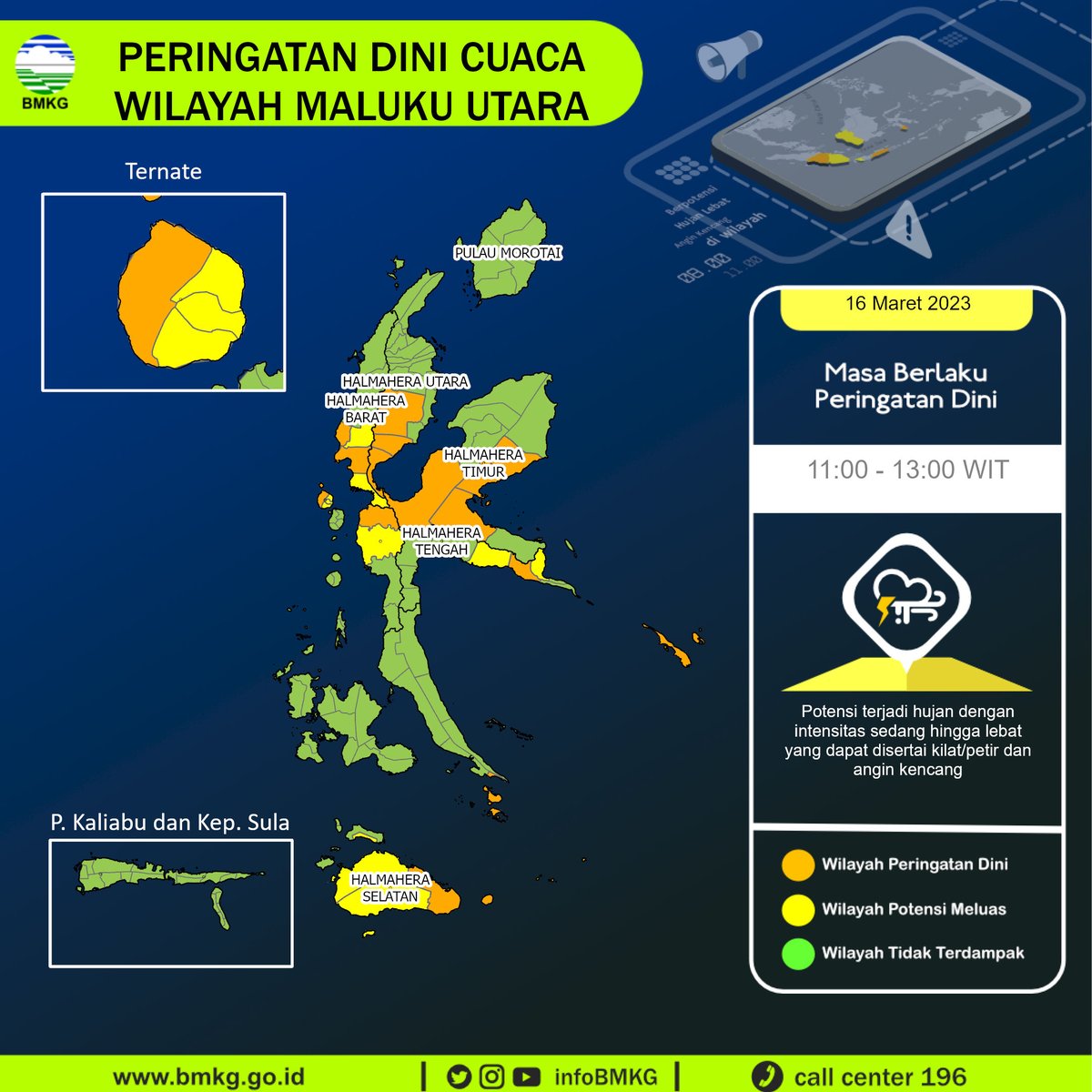 infoBMKG's tweet photo. Update Peringatan Dini Cuaca Wilayah - Maluku Utara Tgl. 16 Maret 2023 pkl. 11:00 WIT
Prakirawan - BMKG - Maluku Utara
https://t.co/6hGgegjTbt https://t.co/wZlMfDctZ1
