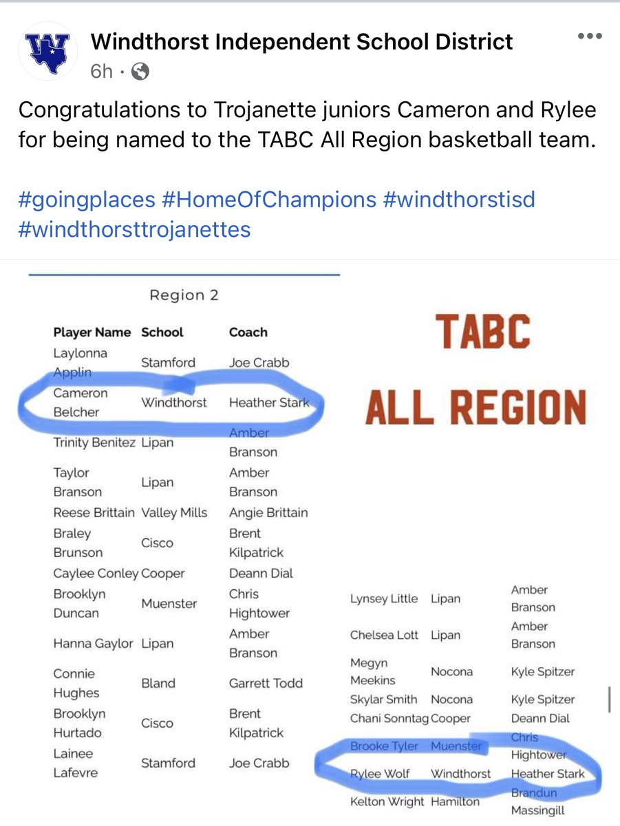 angelab99902128's tweet photo. So proud of you @cameronbelche17 on being selected for the TABC All-Region basketball team!! 🏀💙 &amp; sharing the honor with your teammate/BFF @ryleewolf11 Y’all make me so proud &amp; represent Windthorst well! Just look at all the talent in our district &amp; bi-district! https://t.co/Yms4Azmy2X