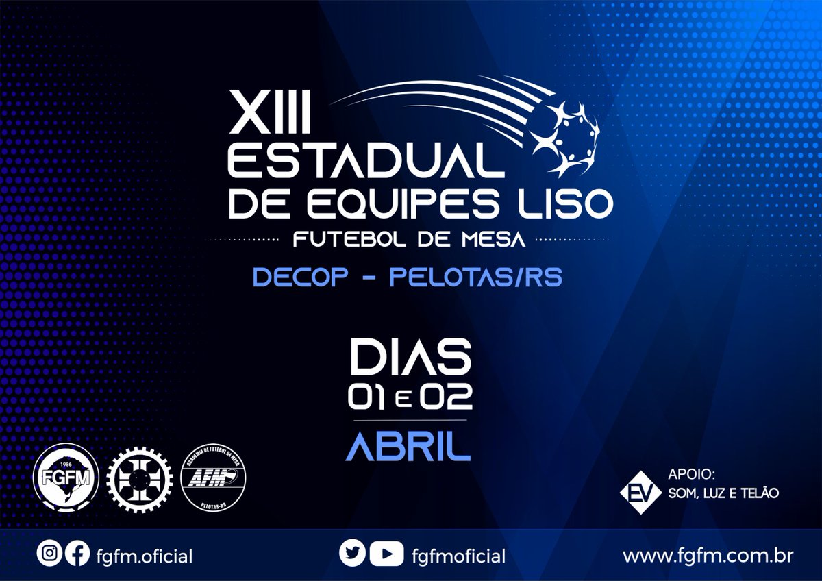 fgfmoficial's tweet photo. Apresentamos a arte do XIII Estadual de Equipes de Liso 2023, que será realizado pela Academia de Futebol de Mesa em parceria com o COP.

Apoio: EV som, luz e telão
Arte: Conceitual Design https://t.co/sFHiImspzF