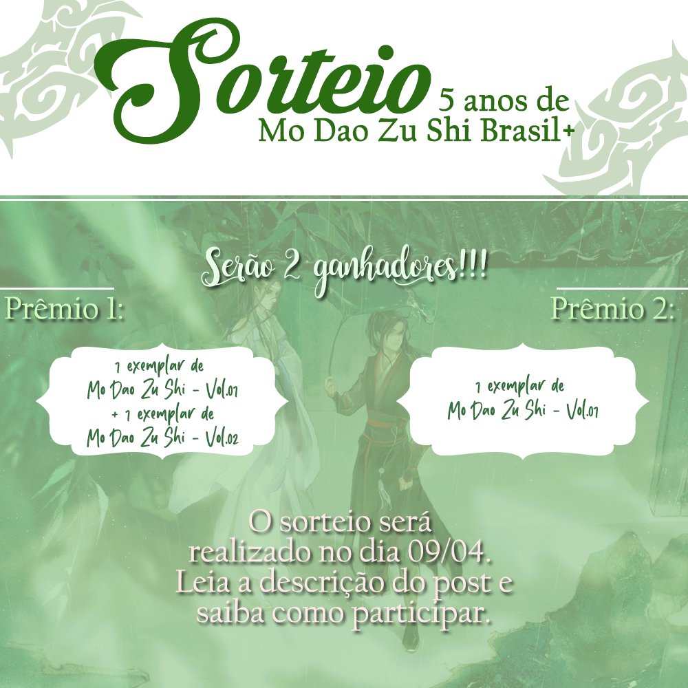 MoDaoZuShi_Br's tweet photo. 🎁 SORTEIO 🎁 
Antes tarde do que nunca! Comemorando 5 aninhos de MDZSBr+, sortearemos exemplares da novel MDZS vol.1 e 2  pra vocês~ 
 
Regras: 
✅ Seguir a @MoDaoZuShi_Br  
✅ Curtir e dar RT neste tweet. 
 
Mais informações abaixo~ https://t.co/CnTPQSIiaf