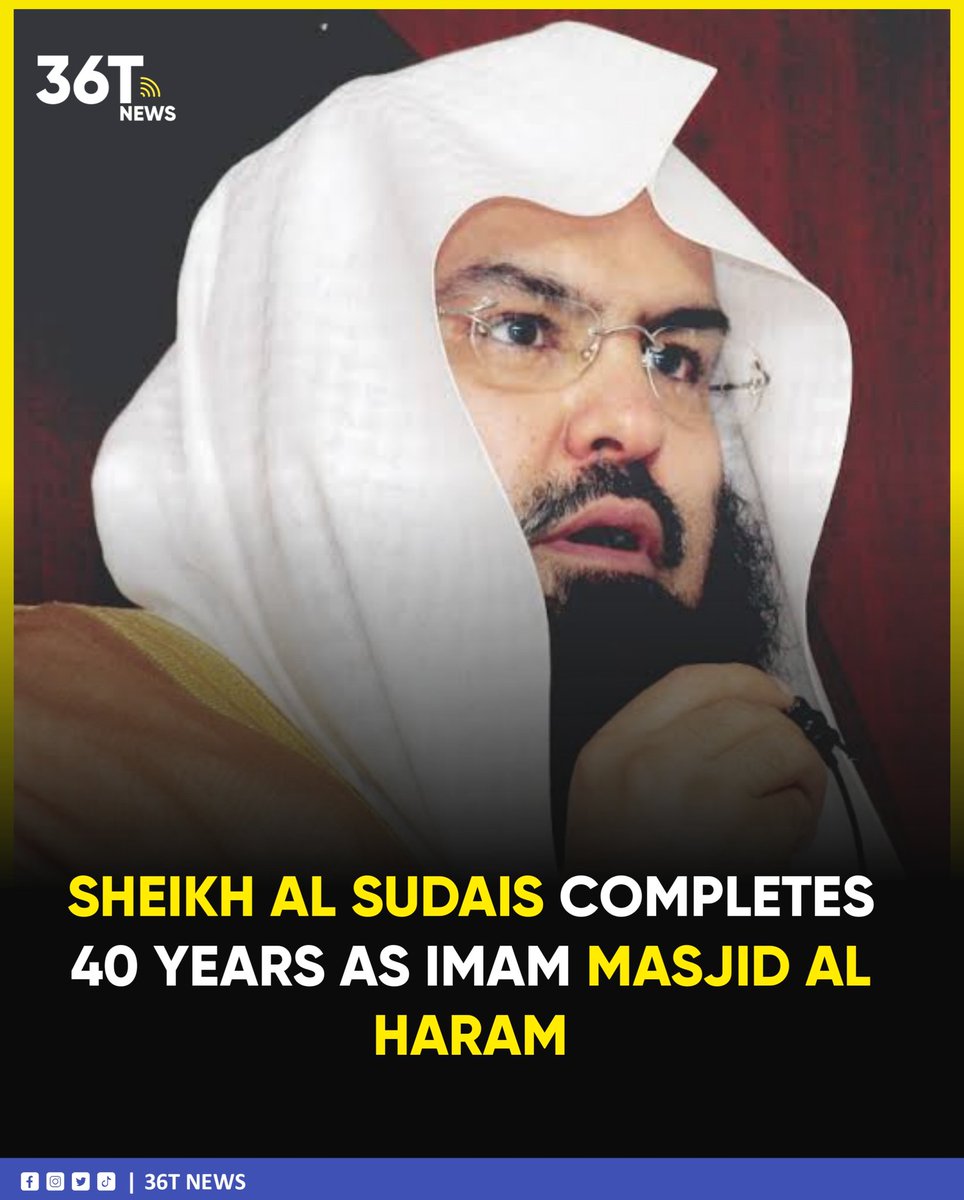 36tNews's tweet photo. Sheikh Abdul Rehman Al Sudais on Wednesday completed 40 years of his appointment as Imam of Masjid Al Haram, Makkah.

Taking to Twitter, Saudi Embassy Press Attach Dr Naif Alotaibi shared a videotape of Sheikh Al Sudais's first Salah as an Imam of Masjid Al Haram.
#36Tnews https://t.co/lMcI3s0uJG