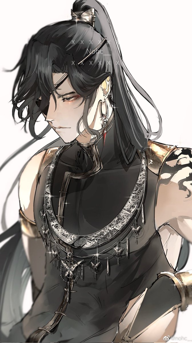 1boy male focus black hair long hair solo jewelry ponytail  illustration images