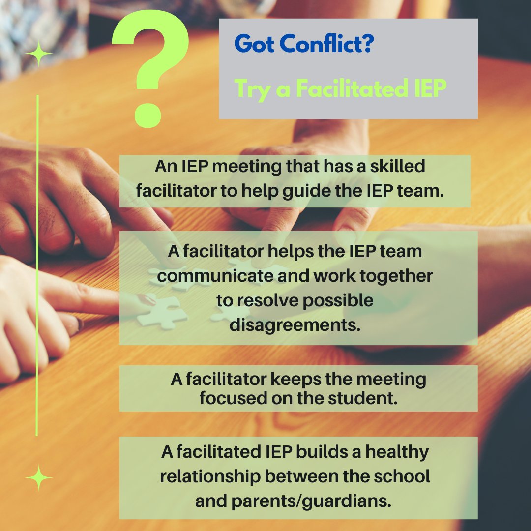 ADRConnections's tweet photo. Want your voice to be heard at the IEP meeting? In disagreement with the IEP decisions? Just in need of a little support at your next IEP meeting? 

Request a facilitated IEP! Check out the graphic to learn what a facilitated IEP is all about. DM us if you have questions. https://t.co/h7z7qLKrsH
