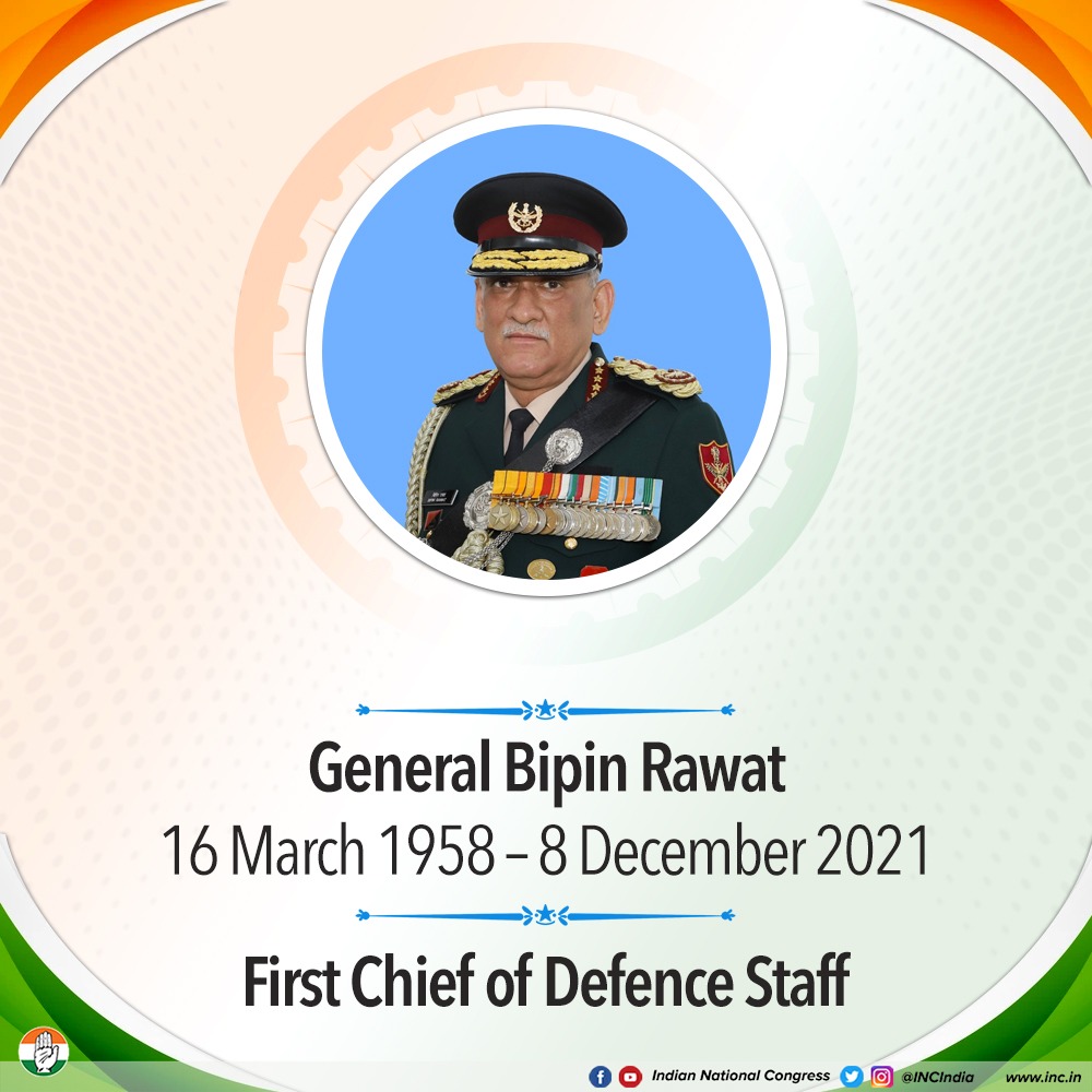 INCIndia's tweet photo. As we celebrate his birth anniversary, we pay tribute to General Bipin Rawat, India's first Chief of Defence Staff &amp; former Chief of one of the world's largest armies, the Indian Army. 

Today, we honour this decorated officer for his dedicated service to the nation. https://t.co/mI7MBnp0aN