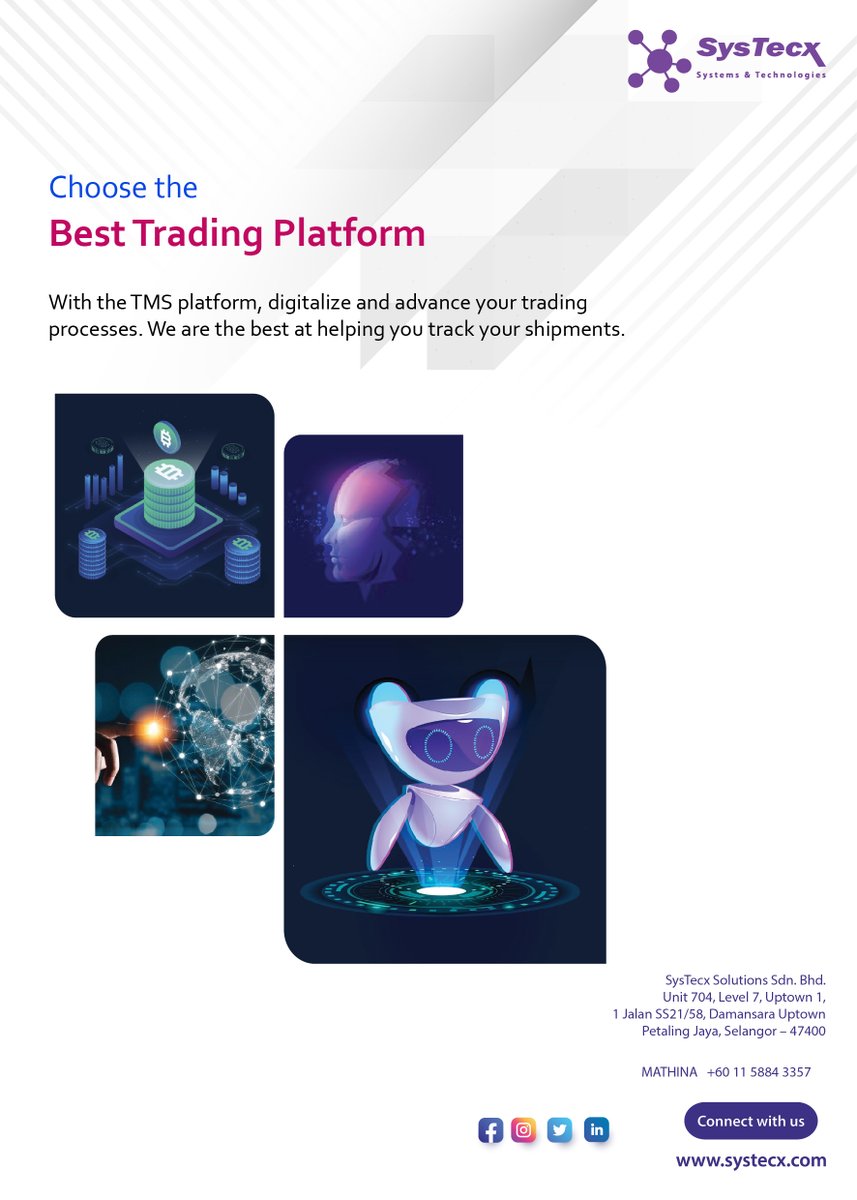 SysTecx's tweet photo. We @SysTecx have developed in-house solution for your trading process, Trade Management System (TMS). Its a cloud-based trade management platform. Please contact for more info.

Mr.Mathina
m.mathina@systecx.com
+601158843357
#IT #Solutions #SaaS #trading #Mining https://t.co/nlPgOOGFwM