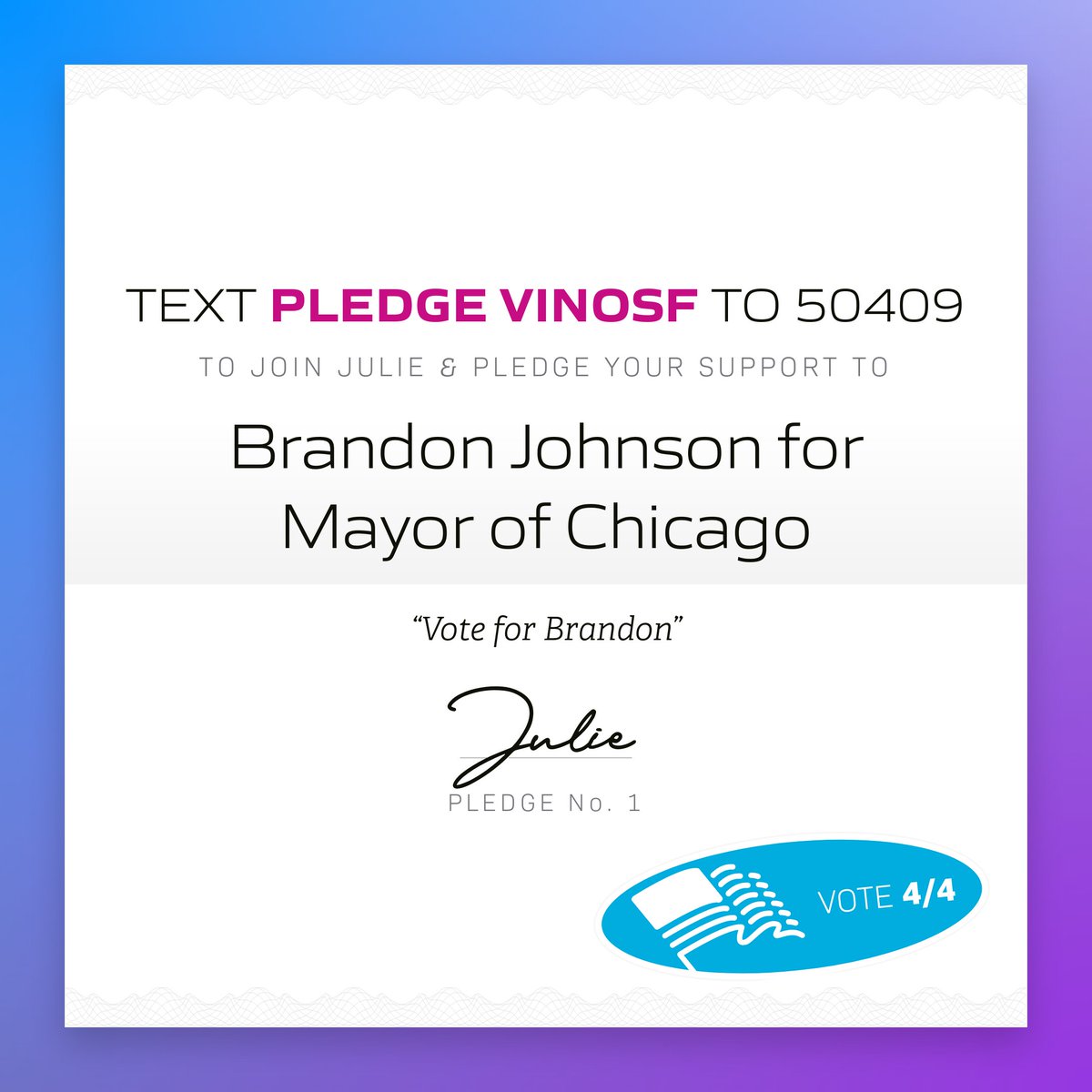 🖋 Julie in Cook County, Ill. just pledged to support Brandon Johnson for Mayor of Chicago! 

Tap to pledge your support &amp; get ready to vote: x.com/messages/compo…
