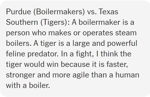I'm all for displacing whatever expertise ESPN thinks they provide and putting my bracket in the hands of ChatGPT. Also, team vs team was so yesterday! It's all about mascot vs mascot. nytimes.com/interactive/20…