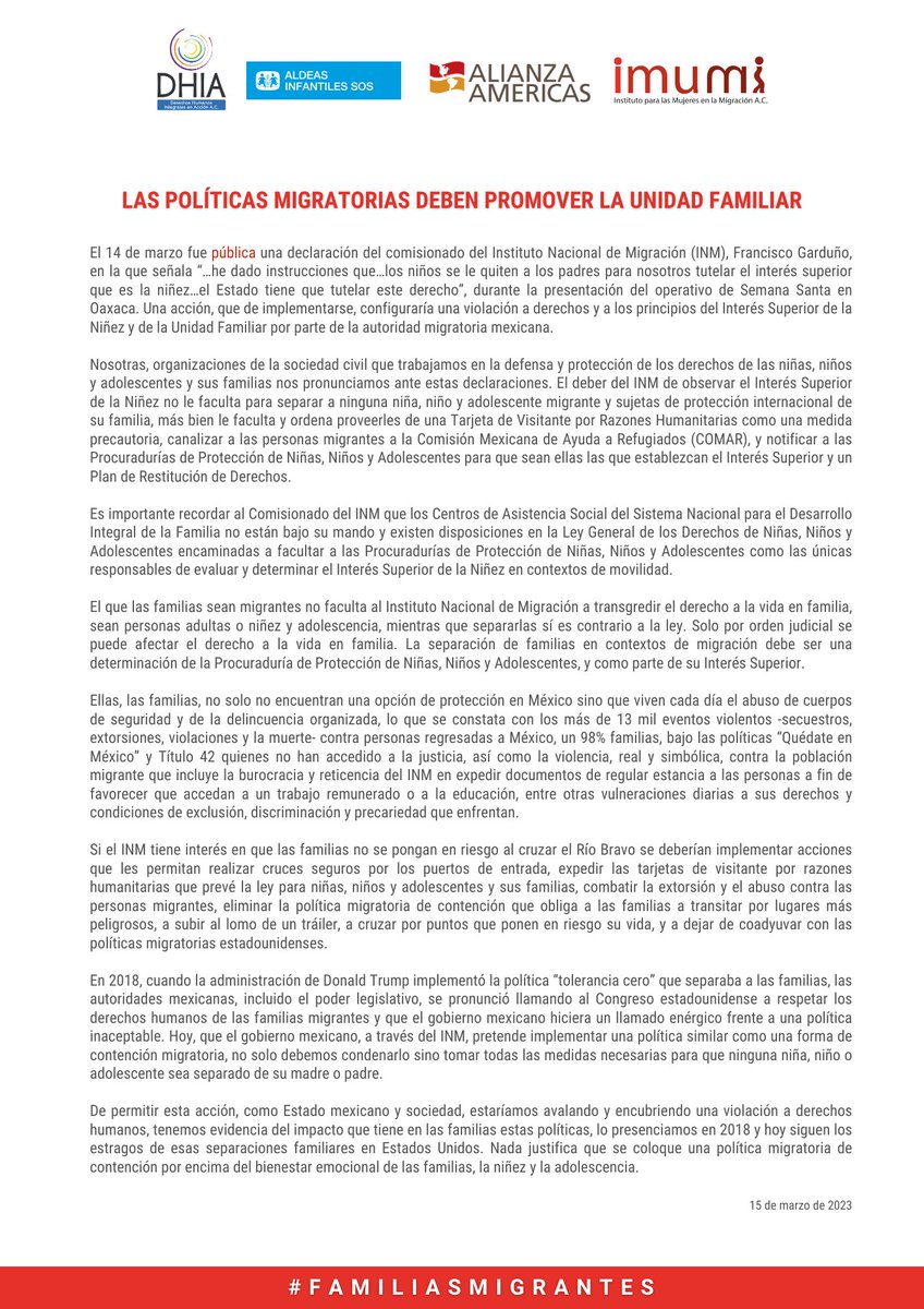 IMUMIDF's tweet photo. #FamiliasMigrantes
⚠️Nosotras, OSC's recordamos a @fgymexico que @INAMI_mx no tiene la facultad para separar a ninguna niña, niño y adolescente migrante de su familia, de hacerlo configuraría una violación a derechos y a principios del #InterésSuperiorNiñez y la #unidadfamiliar https://t.co/VUAjFAyAyX