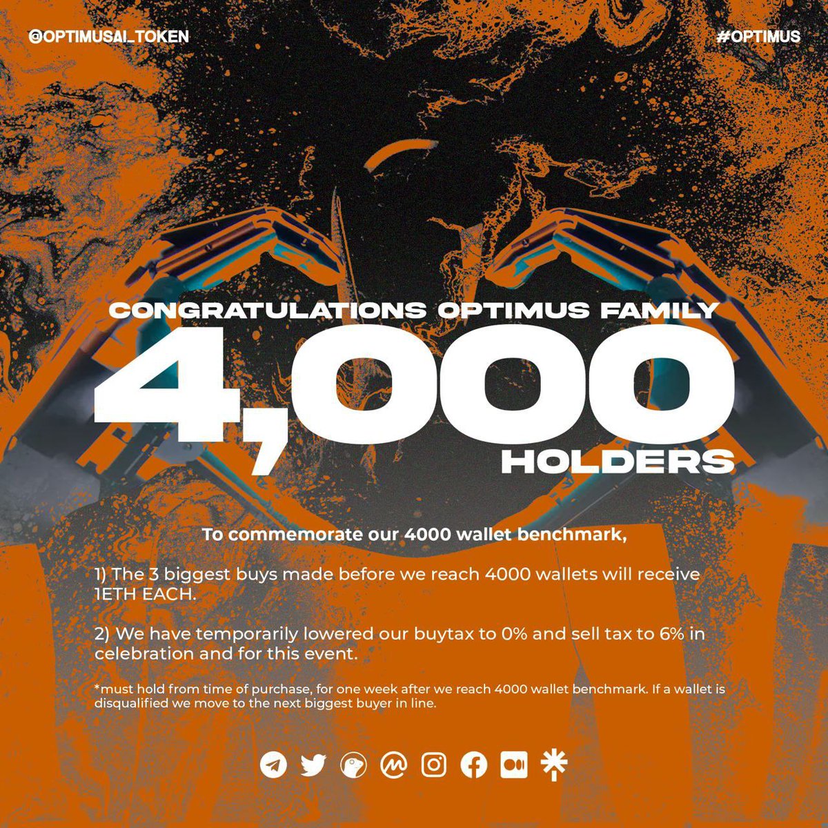 🤖OPTIMUS OFFERING🤖

We are approaching 4000 holders!

Giveaway:
1) the 3 biggest buys made before we reach 4000 wallets will receive 1 ETH EACH 💰

2) we have temporarily lowered our buy-tax to 0% and sell tax to 6% in celebration 🍾