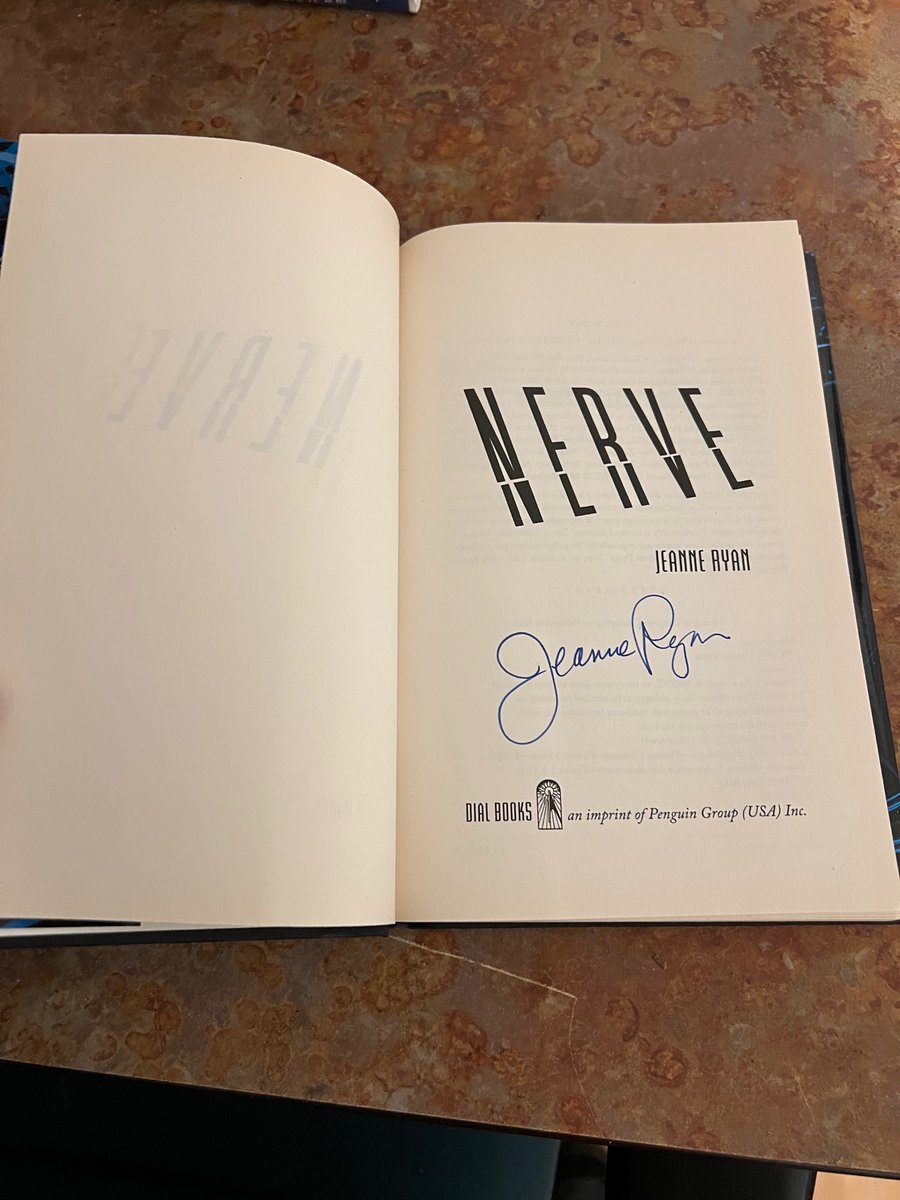 kingsaluman's tweet photo. @Jeanne_Ryan I believe I found a 1st Edition HB copy of NERVE signed, but Google has failed me in my efforts to locate a reference for your signature. May I ask for a look? https://t.co/0Nx0A9IgWr