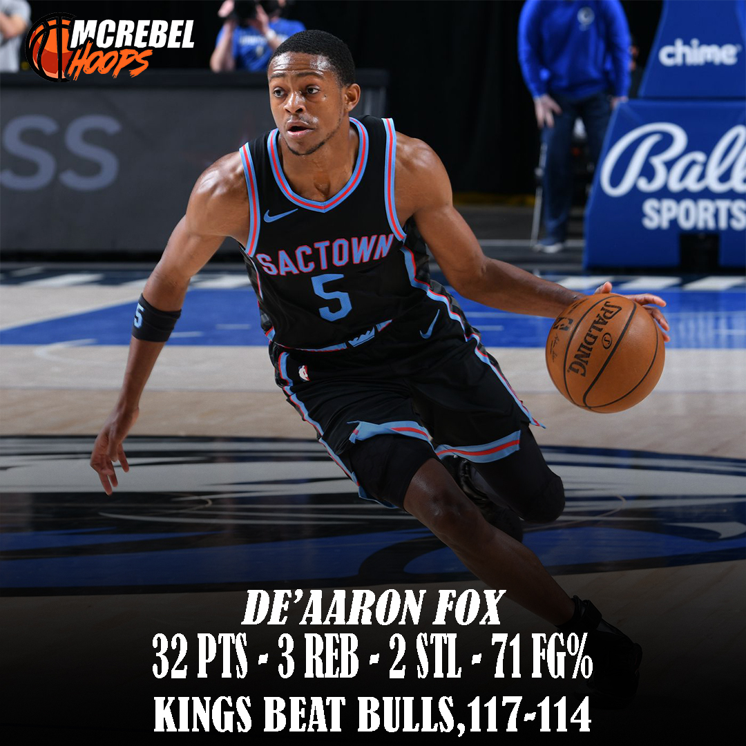 arnelceasar's tweet photo. De’Aaron Fox was BIG-TIME in the 4th quarter again to lead the Kings to a 117-114 win over the Chicago Bulls! 
D. Fox: 32 PTS, 3 REB, 2 STL
H. Barnes: 17 PTS, 3 REB, 1 AST
D. Sabonis: 14 PTS, 17 REB, 10 AST
D. DeRozan: 33 PTS, 3 REB, 2 STL
Z. LaVine: 25 PTS, 6 AST, 5 REB https://t.co/zRweWTpmoI