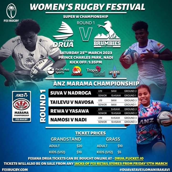 Let's support our marama's in rugby next Saturday (25th March) at Prince Charles Park, Nadi 
Round 1 - Fijiana Drua vs ACT Brumbies 🏉 💙 🤍🇫🇯
#fijiana #drua #womeninrugby