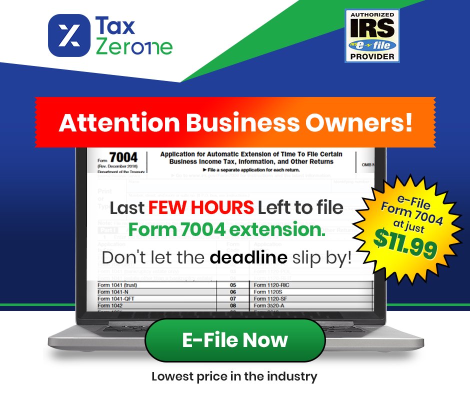 TaxZeroneUS's tweet photo. Need more time to gather your financial information for your business income tax return? TaxZerone can help! E-file Form 7004 with us and breathe a sigh of relief.
https://t.co/fgVeIo7HGF
#form7004 #irsform #irsextension #businesstax #businesstaxextension #business #tax https://t.co/3m3AncTavD