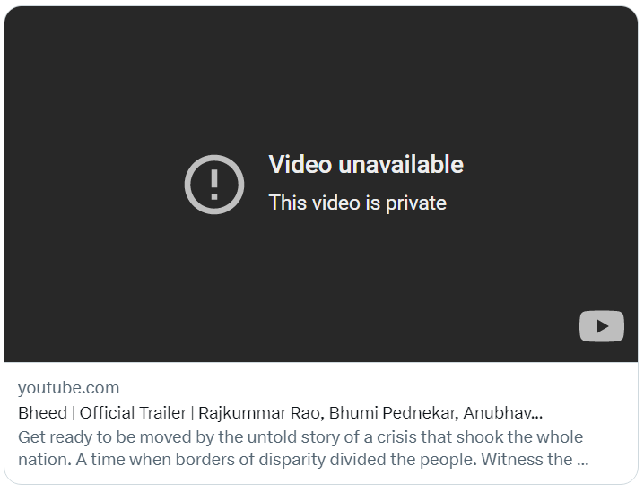 Advaidism's tweet photo. The official trailer of the movie 'Bheed' is now private on Youtube after backlash. The movie is about the Covid lockdown mismanagement and the plight of the poor migrant labourers, who were forced to walk back home.

Mother of democracy, ladies and gentlemen! https://t.co/NeylMRDtQG