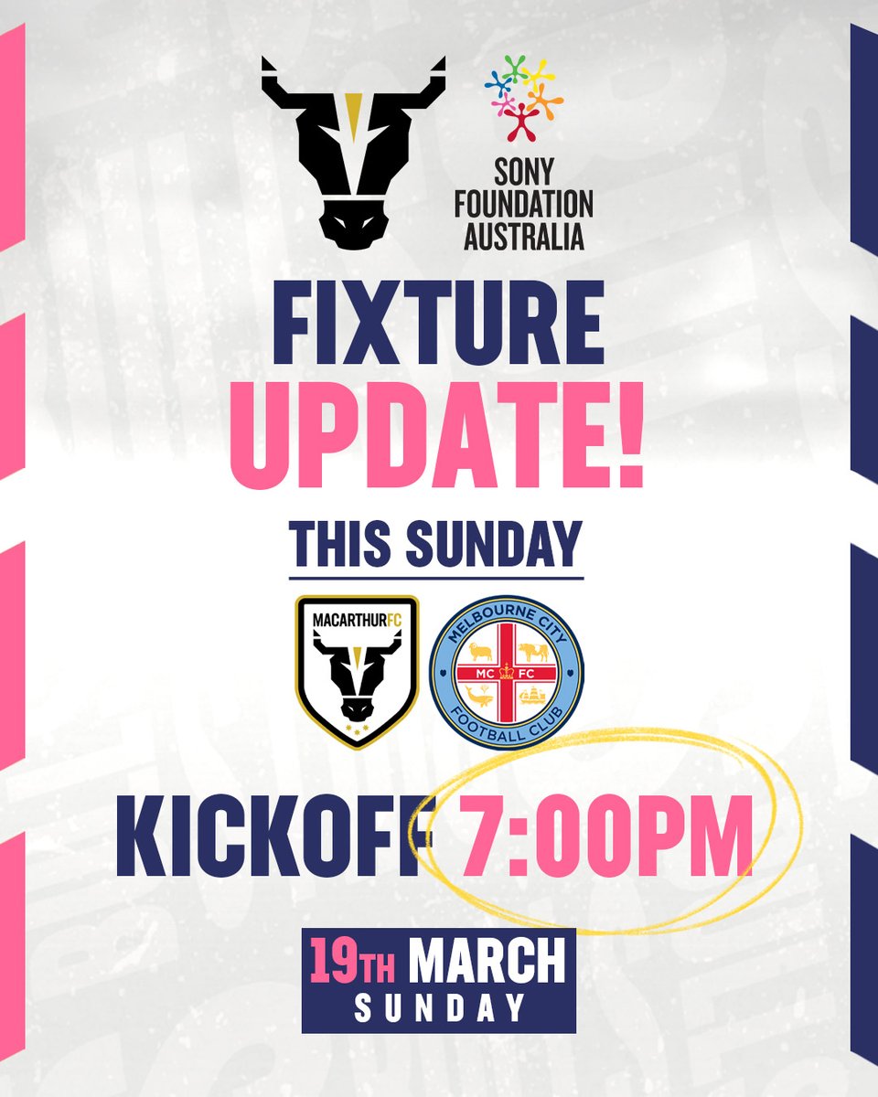 Sunday's match against Melbourne City has been moved to 7pm due to the heat forecast for that afternoon.

🆚 <a href="/MelbourneCity/">Melbourne City FC</a> 
📆 March 19
⏰ 7:00pm
🏟️ Campbelltown Sports Stadium 
🎟️ Tickets here 👉 ow.ly/WF0g50NhvYR

#WeAreTheBulls