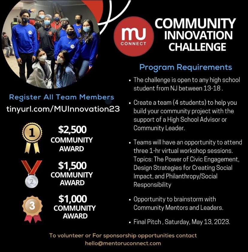 Are you a High School Student in NJ? want to make a difference in your community? Create a Team (4 students) & apply to the Mentor U Community Innovation Challenge. You could win up to $2,500. Register All Team Members: tinyurl.com/MUInnovation23 #CommunityEngagement #innovation