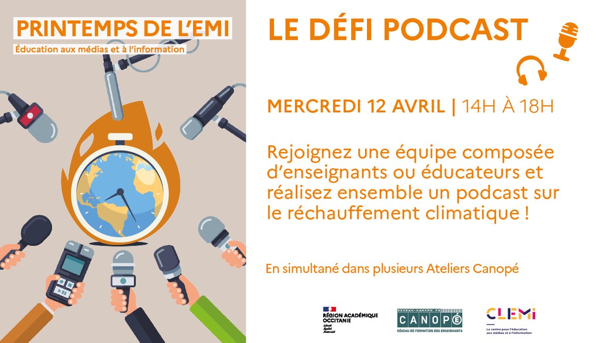Canope_DTOcc's tweet photo. #PrintempsEMI
🎙️12/04 : Un défi pour expérimenter : le podcast
🌍 Réalisez en équipe un #podcast sur le réchauffement climatique avec votre Atelier Canopé. 
👉Ecriture radiophonique, enregistrement, montage : participez à chaque étape !
🔗Infos : https://t.co/Wi7LkLyf6p https://t.co/BpdLUSA05l