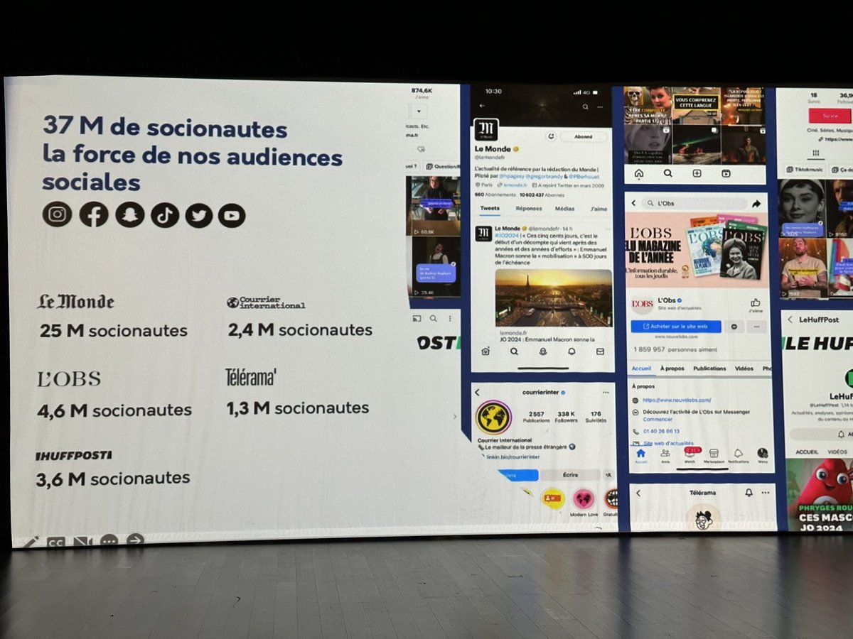 Un peu de chiffres sur le Groupe <a href="/lemondefr/">Le Monde</a> 
@lobs 
<a href="/Telerama/">Télérama</a> 
<a href="/courrierinter/">Courrier inter</a> 
<a href="/LeHuffPost/">Le HuffPost</a> 

<a href="/ldreyfus/">Louis Dreyfus</a> insiste sur la « jeunesse » de l’audience des sociaunautes.

« Le contenu que vous verrez dans <a href="/lemonde_M/">Le magazine du Monde</a> sera diffusé sur ces plateformes »