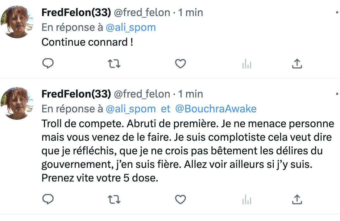 LakerSpom's tweet image. Les nerfs d'une #antivax qui essayait de m'allumer sur le sujet n'ont pas l'air solide. Je lui ai pourtant demandé de me bloquer, ce qu'elle a fini par faire mais seulement après cette sympathique rafale finale. Elle a omis de faire son rappel antirabique la madame @fred_felon