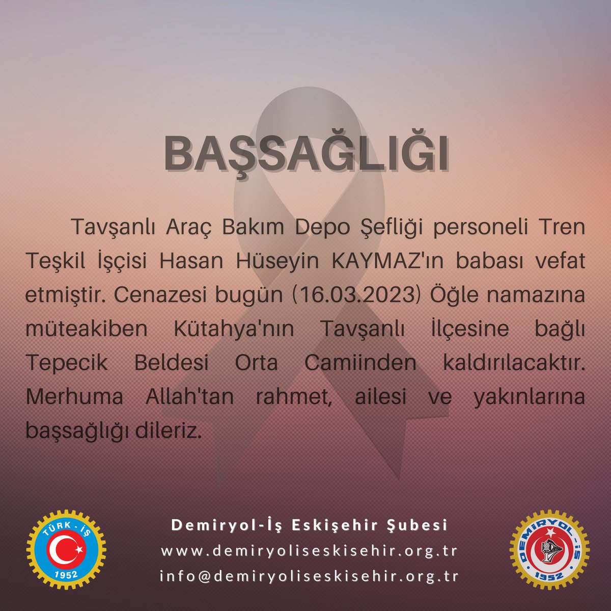 demiryolis26's tweet photo. Tavşanlı Araç Bakım Depo Şefliği personeli Tren Teşkil İşçisi Hasan Hüseyin KAYMAZ'ın babası vefat etmiştir. Cenazesi bugün (16.03.2023) Öğle namazına müteakiben Kütahya'nın Tavşanlı İlçesine bağlı Tepecik Beldesi Orta Camiinden kaldırılacaktır. https://t.co/dT1IzOyWrP