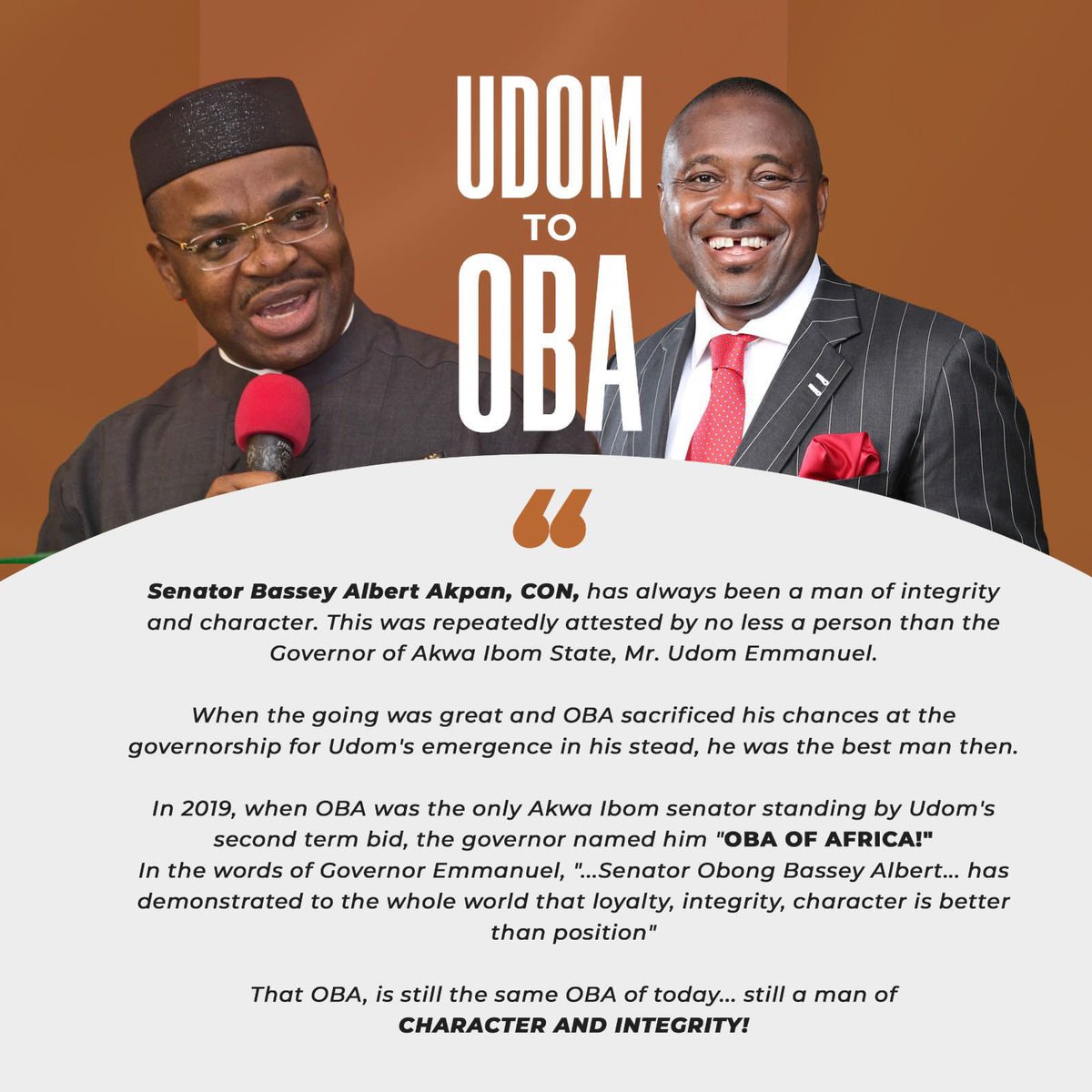 mrmotionetwork's tweet photo. OBA of Africa!

The man for the Governorship position come the 18th March is OBA who’s character has be distinguished before by Mr Udom himself 

#OBAFORGOVERNOR 
#VoteYPP https://t.co/EJZdFoacBa