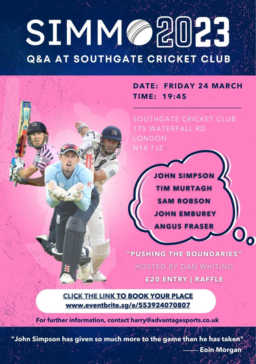 Who is coming to this? A great night in North London lined up with @Middlesex_CCC legends. Over 300 International appearances on the stage at @WalkerGround including @JohnSimpson_88 and @tjmurtagh To avoid disappointment get yours here 👉 eventbrite.co.uk/e/pushing-the-…