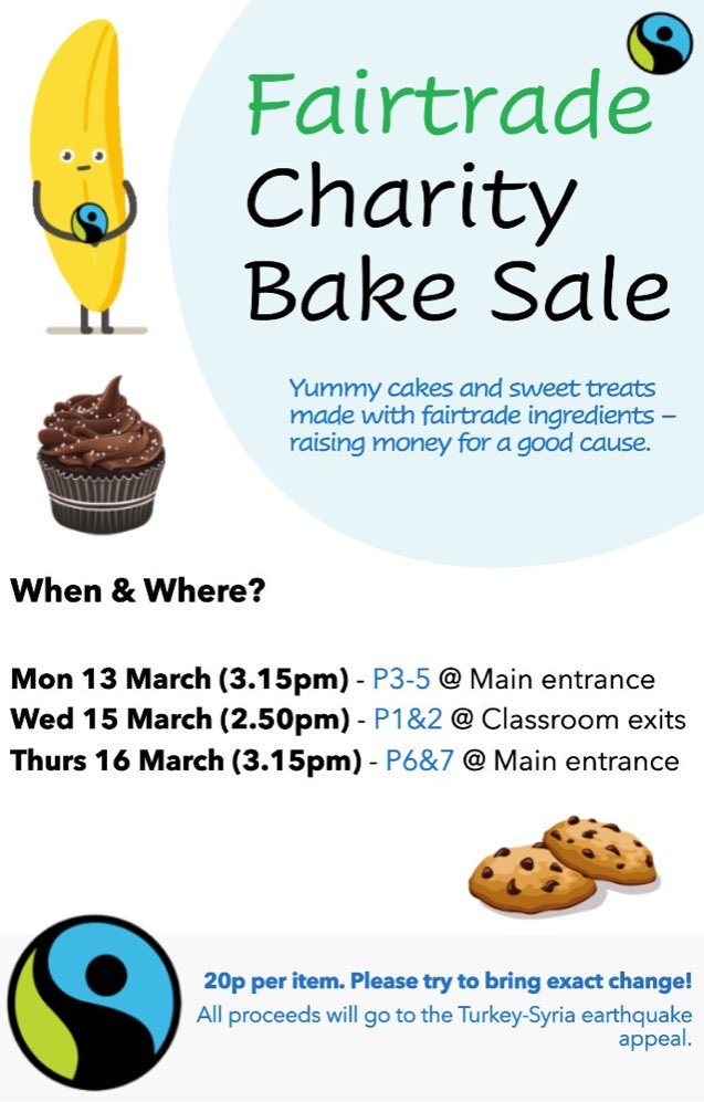 MrsBarclaySPS's tweet photo. It’s our last charity bake sale of the week today! P6&amp;7 children, don’t forget to bring 20p with you for a tasty cake made with fairtrade ingredients!! 🍪😋 https://t.co/kEJJ2mYH5J