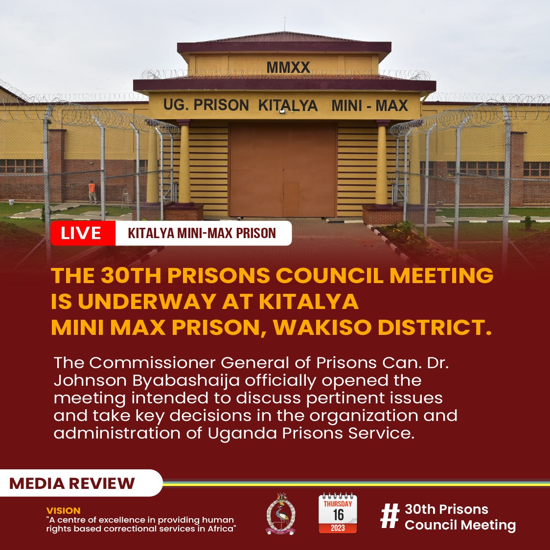 UgandaPrisons's tweet photo. Happening now/ Thursday 16th March 2023.
30th Prisons Council Meeting in progress at Kitalya Mini Max Prison.
#UPSUpdates #VivaUgandaPrisons https://t.co/wVsIhwKOlv