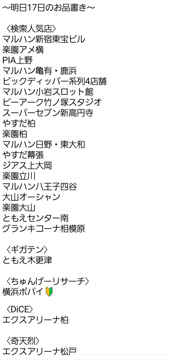 ~明日18日のお品書き~
〈検索人気店〉
マルハン亀有
エクスアリーナ東京
ジュラク王子
練馬オーシャン
PIA八王子
グランドシップ東雲
マルハン新宿東宝ビル
ビックディッパー大井町
ピーアーク竹ノ塚スタジオ
楽園アメ横
ピーアーク相模原・新城
PIA京急川崎
マルホン押上
オークラ新中野