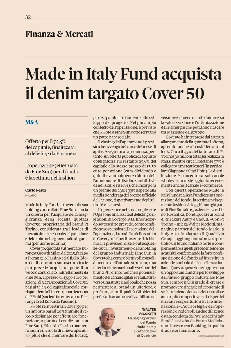 QuadrivioGroup's tweet photo. #MadeinItalyFund, il fondo di #PrivateEquity gestito da #Quadrivio & #Pambianco, firma l'accordo per l’acquisto della maggioranza dell’azienda torinese #Cover50 (titolare del brand #PTTorino) e si prepara a lanciare l'#OPA obbligatoria.
*
Fonte: @sole24oredel 16.03.2023 https://t.co/bjurj3jzzC
