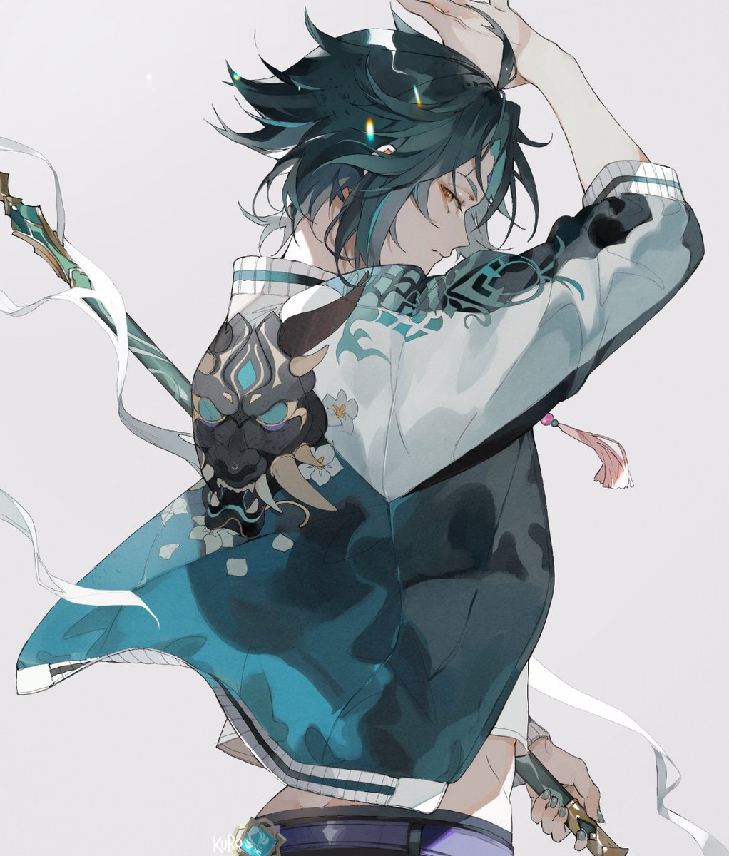 xiao (genshin impact) 1boy male focus solo jacket weapon black hair holding weapon  illustration images