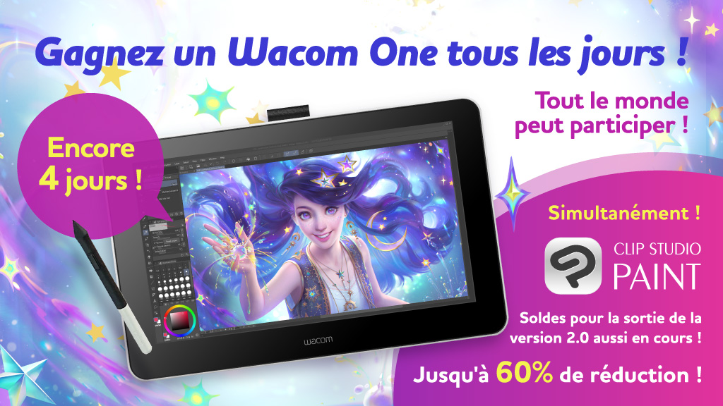 clipstudiopaint's tweet photo. Un Wacom One à gagner à la loterie chaque jour ! Suivez et RT pour participer. 3e jour, encore 4 chances de gagner ! Des soldes pour la sortie de la version 2.0 de CSP se tiennent en même temps ! Jusqu’au 20/03, 8h00 (GMT) https://t.co/2rZ9mVj3Yh https://t.co/VXjAGhwtol