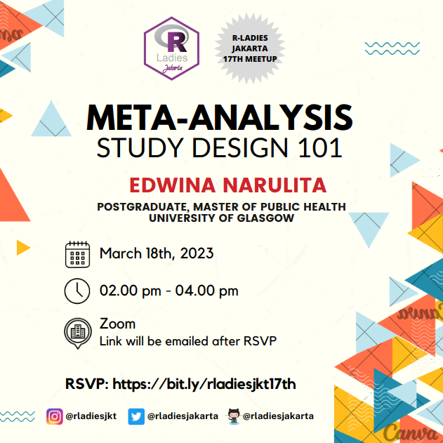 Dear #rladies, come join us on our very first online meetup in 2023. This time, we will have mba <a href="/edwina/">Edwina Watts</a>.n.agustin introducing us to meta analysis 101. RSVP now bit.ly/rladiesjkt17th. 
See you this Saturday.