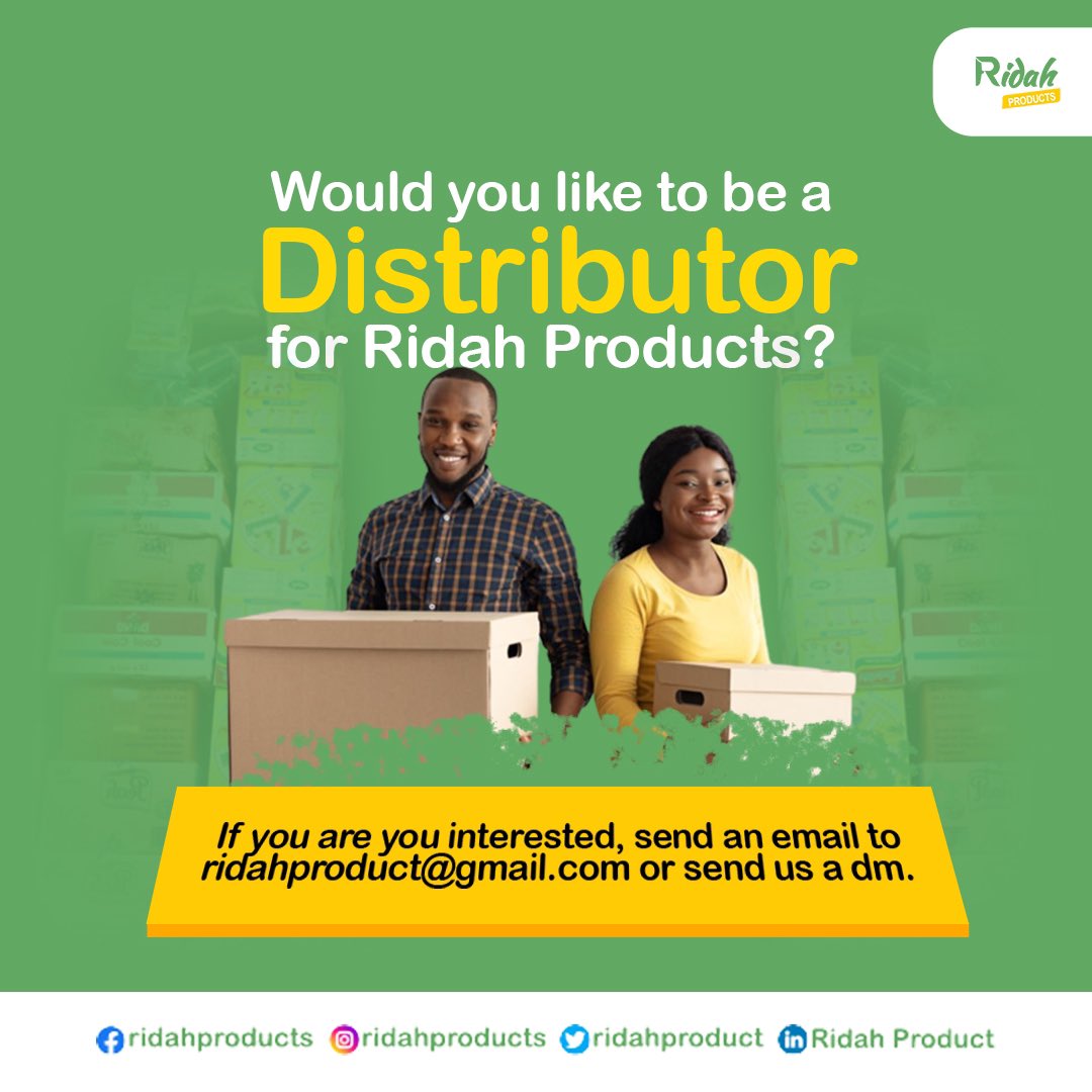 Are you interested in becoming a distributor for Ridah products?

Send us an email ridahproduct@gmail.com or call 07086566698 to get started. 

Terms and conditions apply 

#distributors #instagramAd #ridahproducts #wholesale #nigeria #explorepage #businesswomen #sale