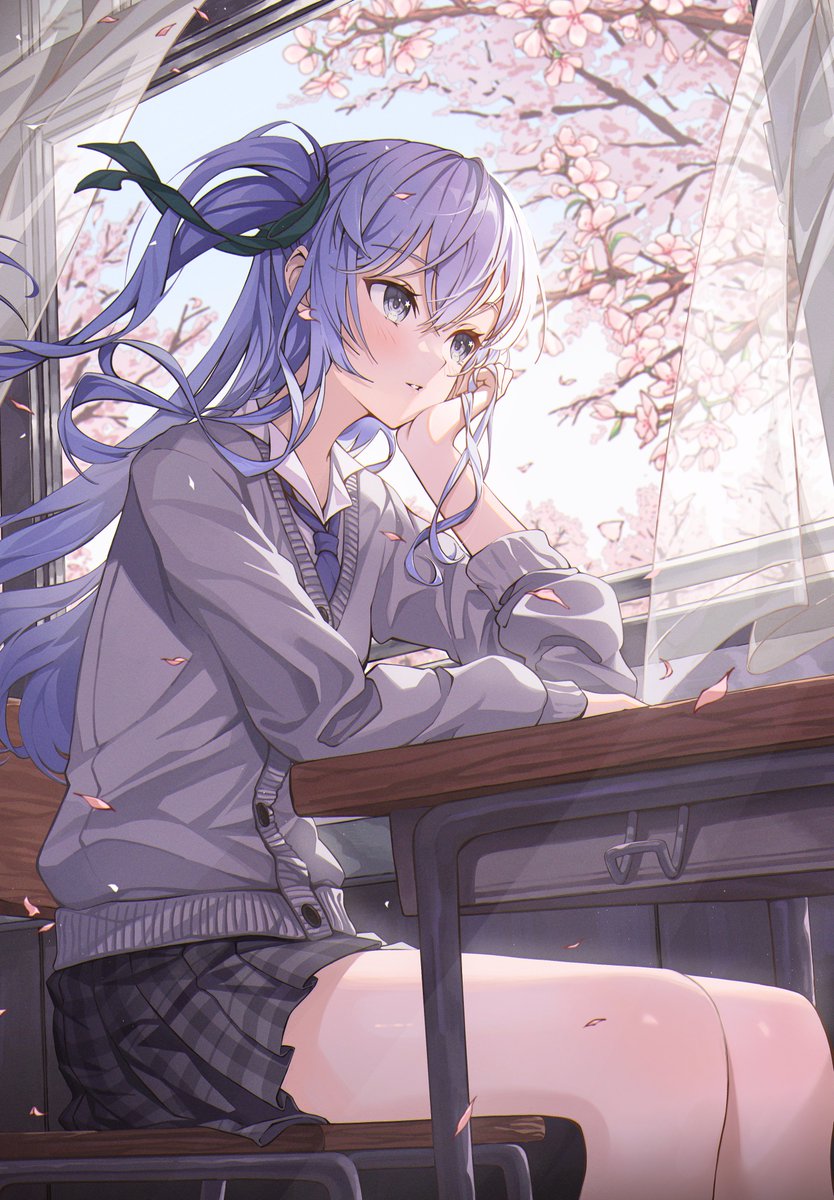 hoshimachi suisei 1girl solo desk skirt cherry blossoms blue hair sitting  illustration images