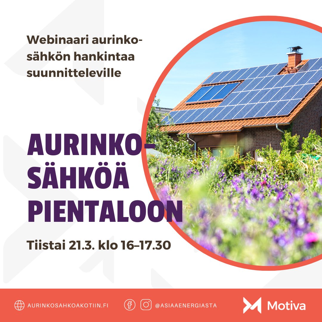 Tervetuloa ensi tiistaina aurinkosähköä pientaloon webinaariin klo 16.00 - 17.30! ☀️⚡

💡 Mm. soveltuvuus erilaisiin kohteisiin, hankinta ja kannattavuutta. 

Ilmoittaudu 19.3 mennessä: bit.ly/3TnuxIA

#energianeuvonta #energiatehokkuus #aurinkosähkö #sähkö
